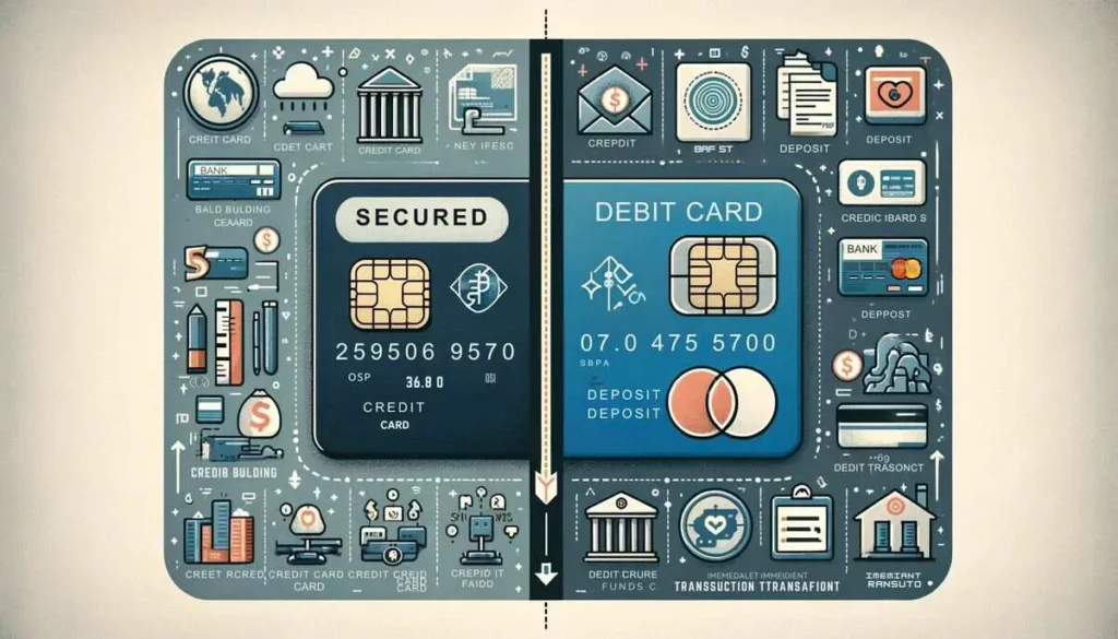 Informative comparison illustration differentiating a Secured Credit Card and a Debit Card. On the left, the Secured Credit Card is detailed with a security chip, a unique bank logo, and a mock card number, accented with icons representing credit development and deposits. On the right, the Debit Card is portrayed with a different bank logo, its own card number, and a chip, surrounded by symbols for direct bank fund access and quick transactions. The two cards are neatly divided by a central line against a neutral backdrop, making the comparison visually engaging and easy to understand.