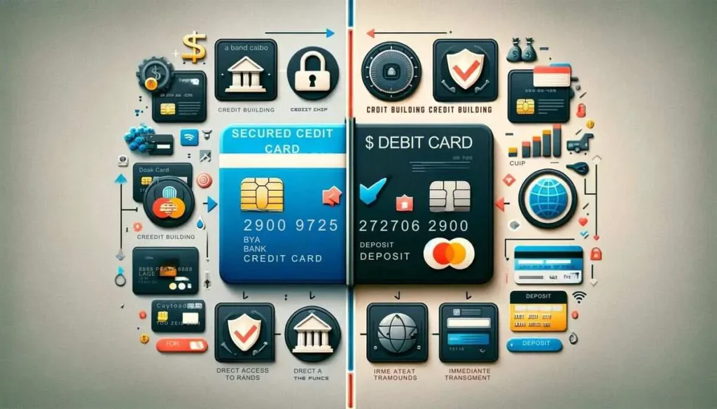 An educational illustration showcasing the differences between a Secured Credit Card and a Debit Card. The left side features a Secured Credit Card with a security chip, bank logo, and fictional card number, highlighted by symbols of credit building and a deposit symbol. The right side displays a Debit Card with its distinct bank logo, card number, and security chip, encircled by icons symbolizing direct bank fund access and instant transactions. The cards are distinctly separated by a line in a neutral background, offering a clear and informative comparison.