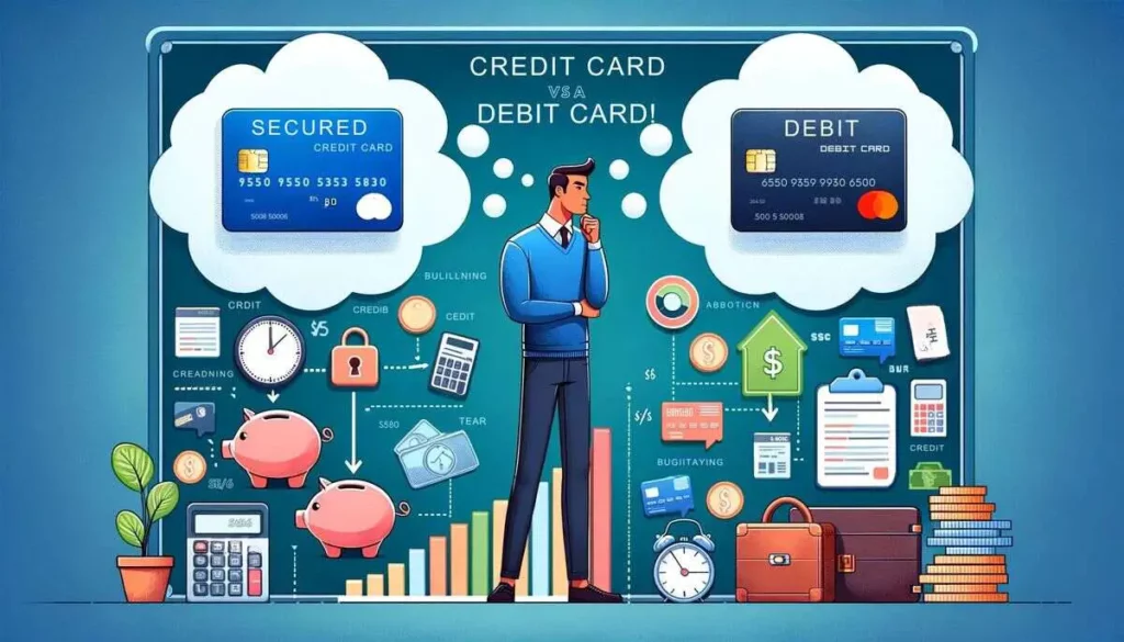 This informative illustration depicts the decision-making process for choosing between a Secured Credit Card and a Debit Card based on financial goals. On the left, a figure ponders over a Secured Credit Card, with imagery of credit building, a credit score indicator, and a piggy bank, symbolizing the aim to establish or rebuild credit history. On the right, a different figure contemplates a Debit Card, with budgeting tools and a calculator, emphasizing the priority of maintaining a budget and avoiding debt. The two figures, each in their own thought bubble, are separated by a clear line, representing the distinct financial goals associated with each card option.