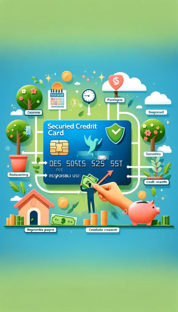 how a secured credit card works, designed in a vibrant and educational style