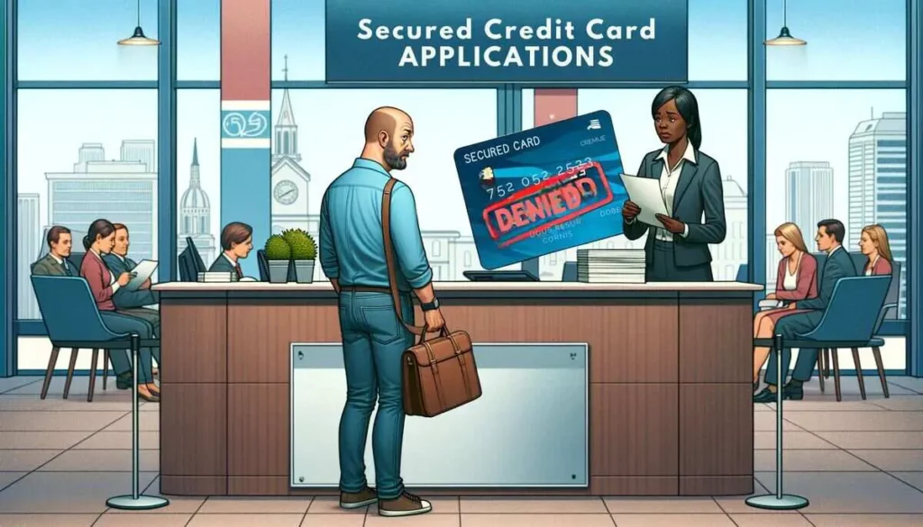 A middle-aged Caucasian man with a look of confusion, standing at a bank counter. He's wearing a casual blue shirt and jeans. Facing him is a young Black female bank representative, professionally dressed in a suit. She's holding a document marked with a prominent red "DENIED" stamp. The setting is a modern bank, with a banner reading "Secured Credit Card Applications" in the background, alongside other customers and bank staff.