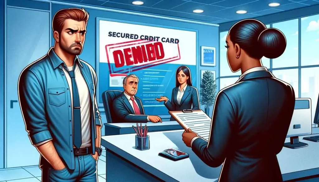A perplexed Caucasian male, dressed in a casual blue shirt and jeans, stands at a bank counter. He's conversing with a young Black female bank employee, who is in a formal suit and presenting a document stamped with a red "DENIED". The background features a banner about "Secured Credit Card Applications" and a bustling bank environment, including various customers and employees.