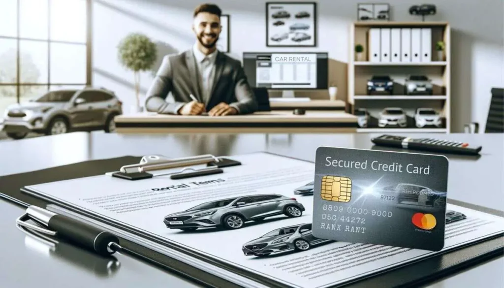 A professional car rental agency scene with a secured credit card resting on a brochure that advertises various car options, including an SUV, sedan, and convertible. Rental terms are visible in the print. The background features a content employee at a car rental counter, with car keys organized on a board, enhancing the professional service ambiance.