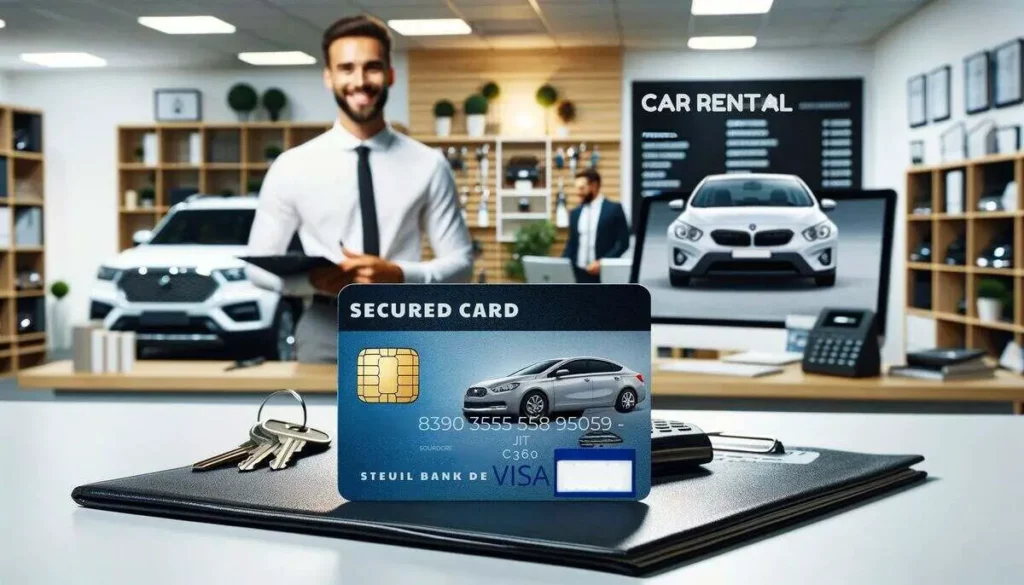 A secured credit card with a visible chip is placed on a shiny car rental brochure featuring an SUV, a sedan, and a convertible. In the background, there is a car rental counter with a modern computer setup, car keys on a wall rack, and a smiling employee providing a welcoming atmosphere to the professional car rental agency