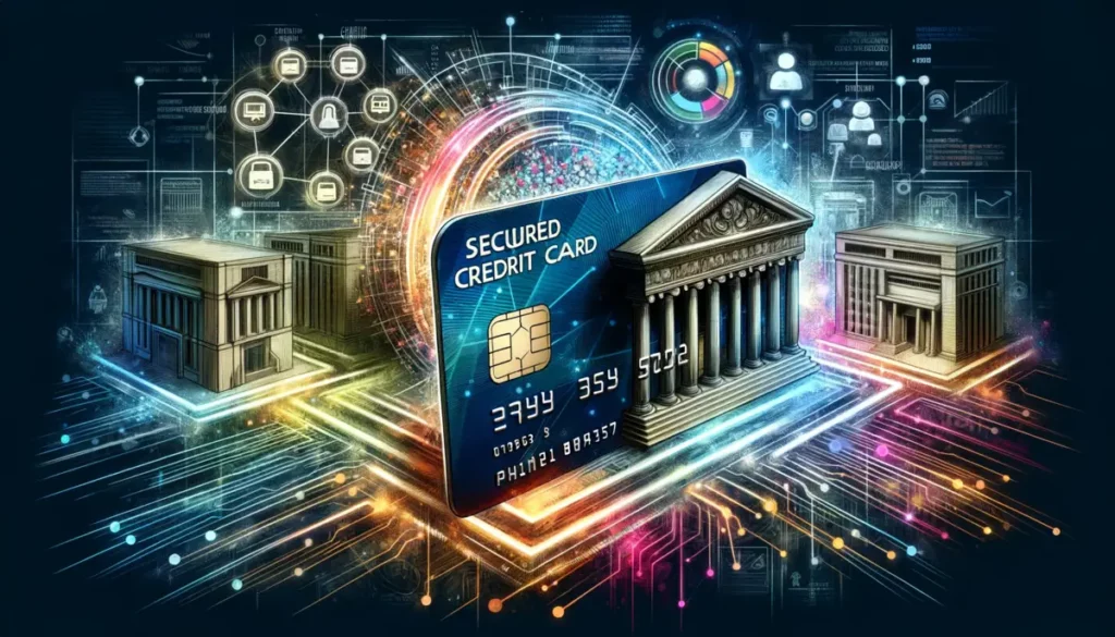 detailed secured credit card, surrounded by stylized representations of credit bureaus and vibrant data streams, set against an abstract background symbolizing a financial network