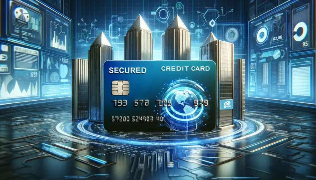 scene shows a large, glossy secured credit card in the foreground with futuristic buildings representing credit bureaus in the background, connected by digital data streams. The modern, cybernetic cityscape adds to the overall technological theme of the images