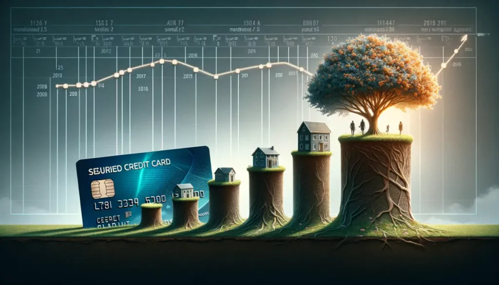 depicting the journey of how long does it take to build credit with a secured credit card illustrate with a architectural metaphors