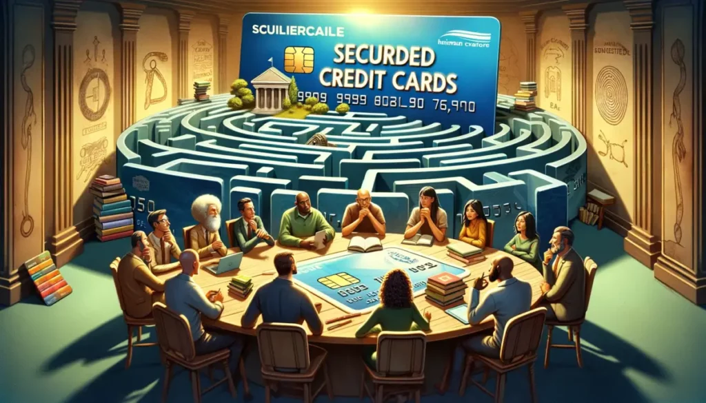 They depict a metaphorical scene representing the journey of understanding secured credit cards, with an intricate maze made of credit cards and a diverse group of characters collaboratively discussing the topic.