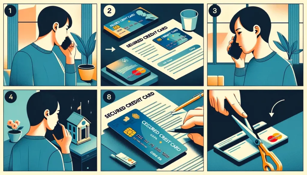 step-by-step process of closing a secured credit card. It starts with the person reviewing their card and documents, continues with a symbolic phone conversation with the credit card company, and ends with the card being cut, indicating its closure.