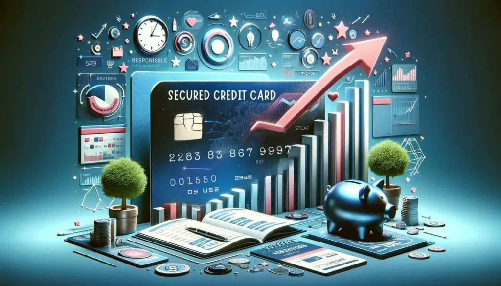 visually encapsulate the comprehensive guide on increasing a secured credit card limit, highlighting key aspects such as financial responsibility, credit score improvement, and personal financial growth