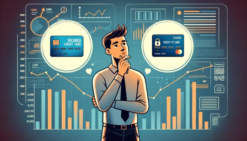 a thoughtful individual of indeterminate gender is seen weighing options between a secured and a student credit card. The secured card on the left features a classic design with a lock, while the right showcases a modern student card. The backdrop of financial graphs and charts highlights the critical need for research and comparison in financial choices.
