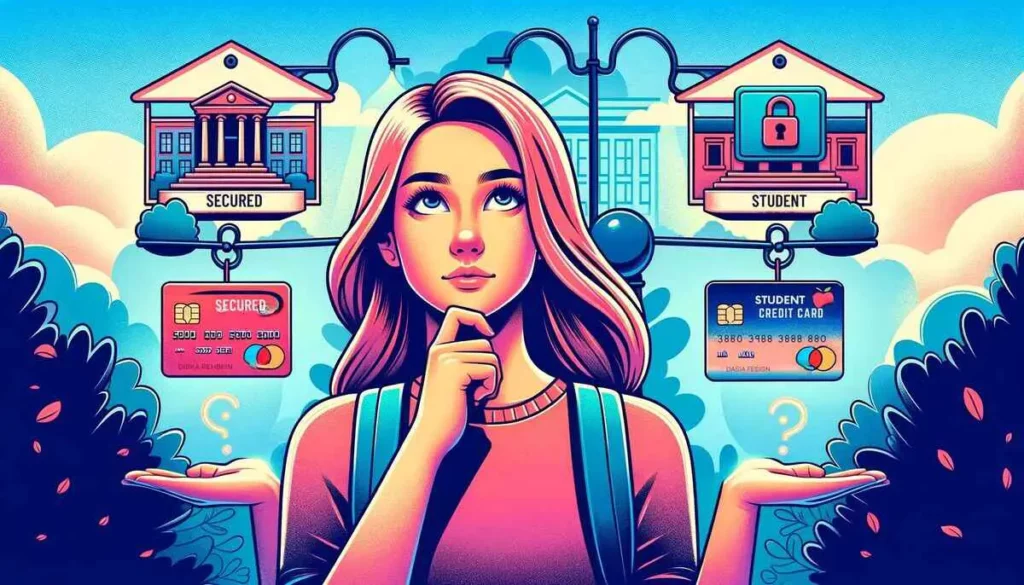 a young Caucasian female student in her early 20s thoughtfully considers two credit cards. On her left is a secured credit card with a lock symbol, and on her right, a modern student credit card with educational symbols. The college campus background subtly reflects her academic environment.