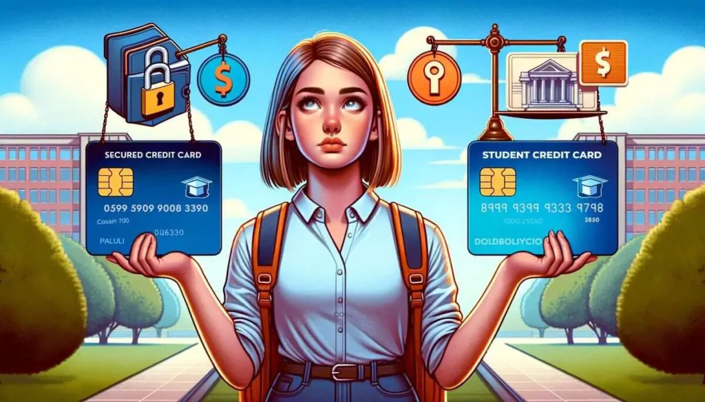 a contemplative young woman in a college setting, comparing a secured credit card with a security lock on her left and a lively student credit card with academic icons on her right. The image is in a 2:1 aspect ratio, capturing her financial decision-making process."