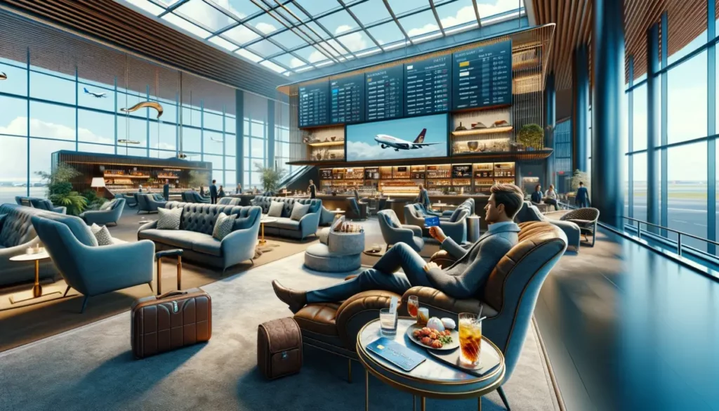 A sophisticated airport lounge scene depicting a traveler relaxing in a plush armchair, a visible secured credit card on the table beside them. The lounge is bustling with travelers enjoying various perks like free drinks, a diverse food buffet, and flight information on large screens. The atmosphere is tranquil and elite, with expansive windows providing a picturesque view of airplanes lined up on the runway