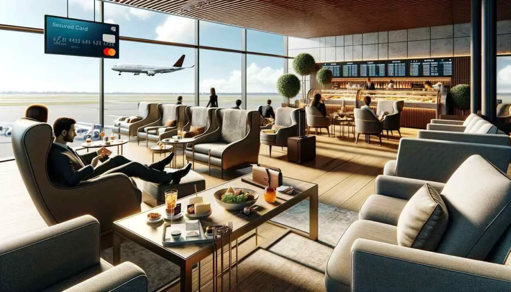 An elegant airport lounge with comfortable seating and modern amenities. A traveler enjoys the comfort of a luxurious armchair, with a secured credit card on a nearby table. In the background, other travelers indulge in complimentary drinks, an international cuisine buffet, and view flight information on widescreen TVs. The lounge offers a serene, exclusive ambiance with a scenic view of airplanes on the runway through large windows