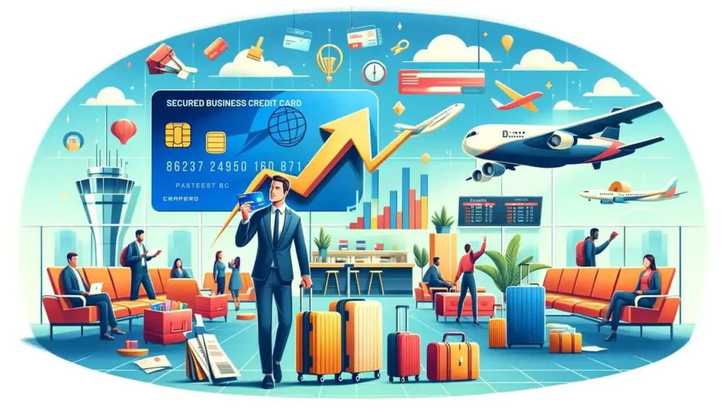 Illustration of a frequent traveler at an airport holding a secured business credit card, surrounded by symbols of travel benefits such as an open passport, airline tickets, and luggage. The background shows an airport lounge with travelers enjoying amenities, representing the exclusive access and convenience offered by secured cards, along with a graph symbolizing credit building."