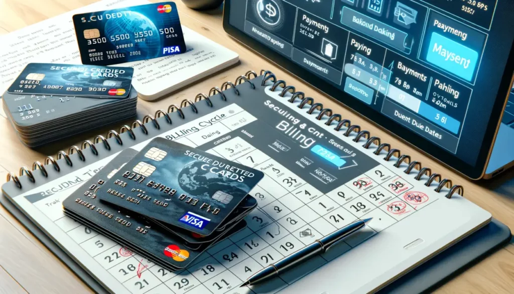 A photorealistic depiction of a financial management scene highlighting billing cycles and payments on secured credit cards. The image features a calendar with important billing dates marked, a stack of secured credit cards with generic bank logos, an open laptop showing an online banking interface focused on payment schedules, and a notepad with written reminders about due dates and budgeting. The setting conveys an organized approach to managing credit card bills and payments.