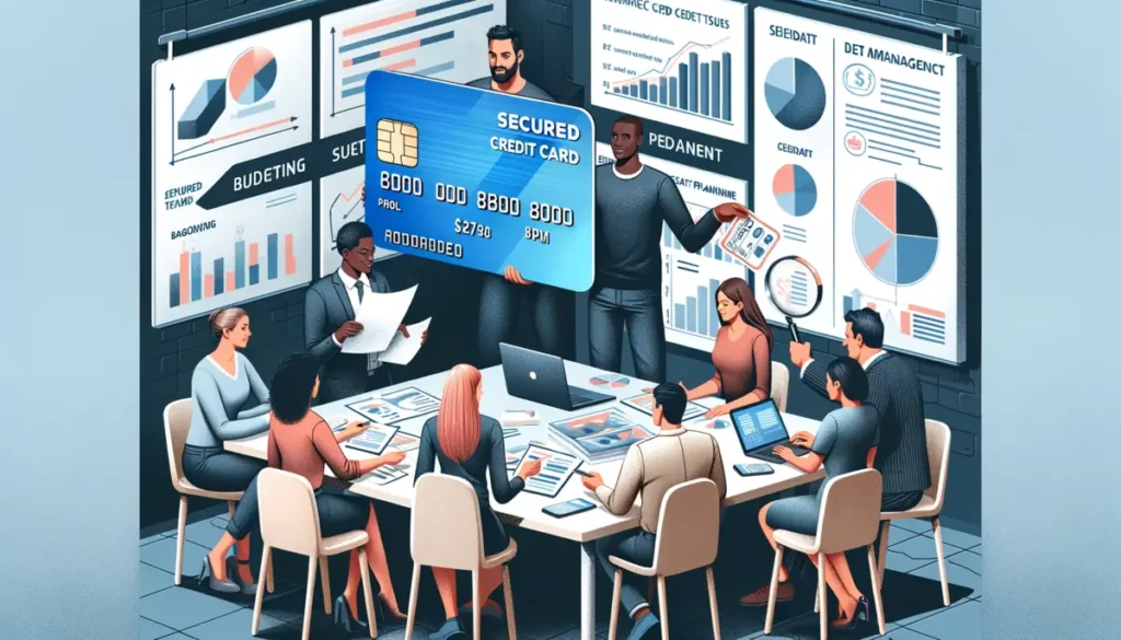 A digital illustration showing a diverse group of people, including a Caucasian woman, a Black man, and a Hispanic man, gathered around a table in an office setting. They are reviewing financial documents and a laptop screen displaying budgeting graphs. One person holds a secured credit card, emphasizing responsible financial planning. A whiteboard in the background highlights key budgeting tips and debt management strategies.