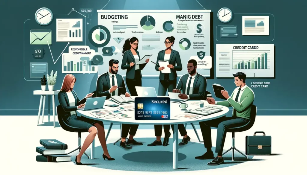 Similar to the first, this digital illustration features a multicultural group engaged in budgeting and credit card management discussions around a large table. They are focused on a laptop and various financial charts. A secured credit card is visible in someone's hand, symbolizing effective debt management. The office background includes a whiteboard with essential financial planning advice.