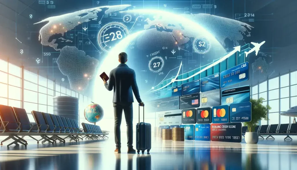 A traveler at an international airport is depicted holding multiple credit cards and a passport, surrounded by symbols of credit score graphs and currency signs. In the background, a world map highlights various countries, emphasizing the theme of building credit while traveling globally.