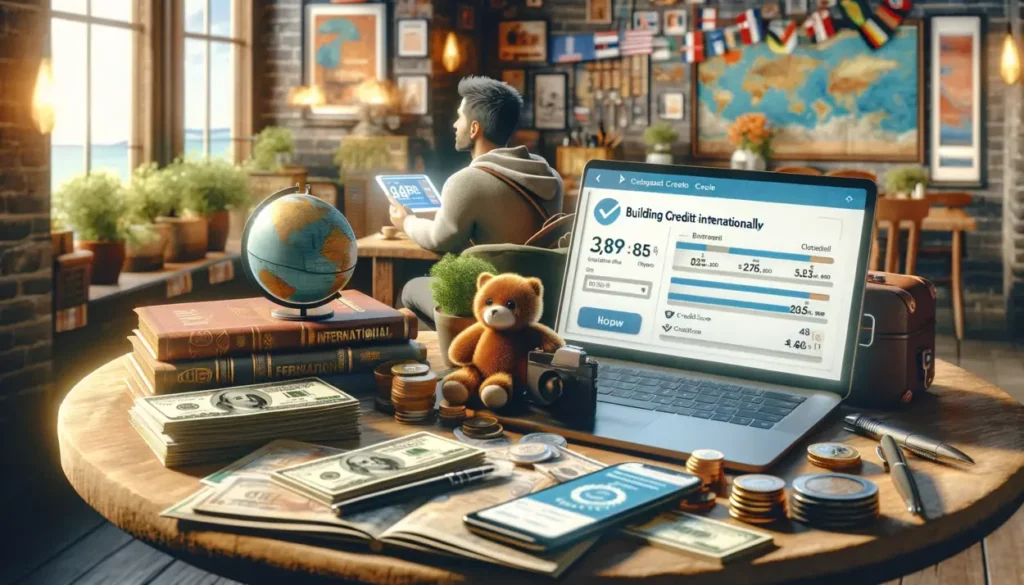 In a cozy international cafe, a traveler sits at a table with a laptop open to credit score and financial websites. Around them, travel guides, international currencies, and a smartphone with a credit score app are visible, symbolizing the integration of travel and financial growth across different cultures.