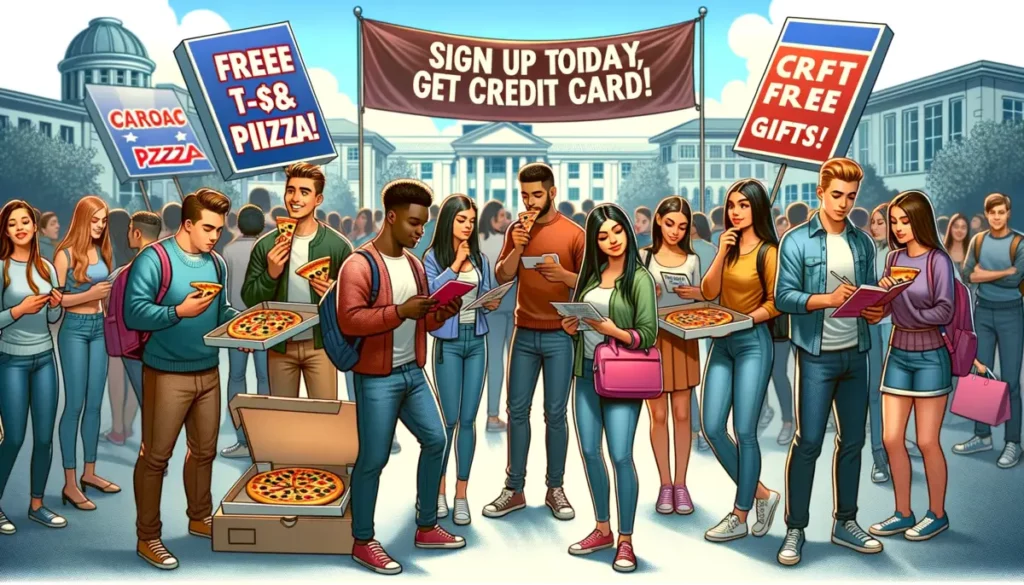 A lively college campus event where credit card companies are enticing students with free t-shirts and pizza. A diverse group of students, including a Caucasian female with a slice of pizza, a Black male in a promotional t-shirt, and a Hispanic female reading a credit card brochure, are thoughtfully considering these offers. A banner proclaiming 'Sign Up Today, Get Free Gifts!' hangs in the background, adding to the festive yet commercial atmosphere of the scene.