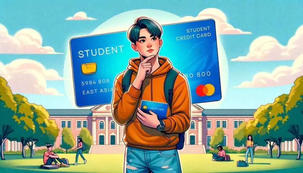 n East Asian male student in his early 20s, with a contemplative expression, stands in front of a university campus. He's dressed in casual attire with a hoodie and jeans, holding a credit card. Next to him is an oversized, floating credit card with "STUDENT CREDIT CARD" text, symbolizing student financial responsibility. The scene is vibrant and detailed, capturing a thoughtful moment on financial decisions.