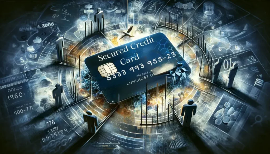 Metaphorical graphic with a prominent secured credit card in the middle, encircled by visual metaphors such as barriers, symbolizing the misconceptions being overcome. Abstract financial imagery and silhouettes in the background artistically convey the concept of secured credit cards and their misinterpretation."