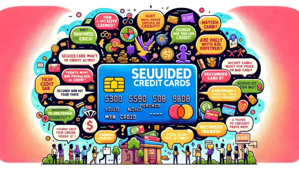 nformative graphic with a central secured credit card encircled by thought bubbles containing misconceptions like 'Secured cards are only for people with bad credit.' The background is adorned with subtle financial icons, presenting common myths in a friendly and approachable style.