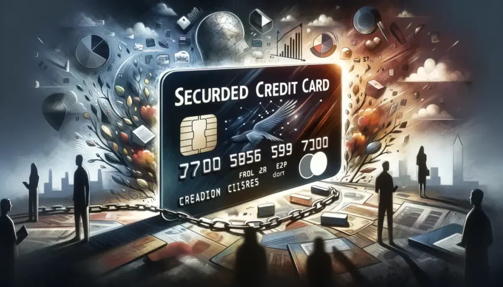 Artistic illustration showcasing a central secured credit card, surrounded by symbols like broken chains, representing the breaking of misconceptions. The background features abstract financial elements and shadowy figures, metaphorically depicting the often misunderstood nature of secured credit cards."