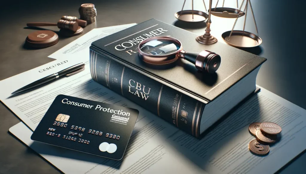A professional and photorealistic depiction of Consumer Protection Laws and Secured Credit Cards. The central focus is an open book on consumer law with detailed legal text and a magnifying glass highlighting the phrase 'Consumer Protection.' Next to it is a realistic, modern secured credit card with a chip and a non-specific bank logo. This card rests on a desk, surrounded by legal papers and a pen, symbolizing the practical application of these laws. In the softly lit background, a balance scale represents justice and fairness in consumer rights, reinforcing the theme of protection and security.