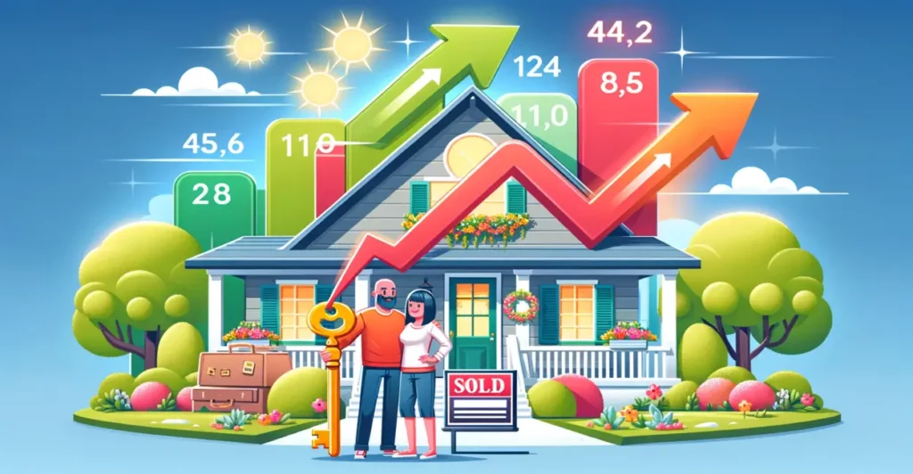 A happy couple proudly stands in front of their new home, a picturesque house with a cozy porch and vibrant garden. A 'Sold' sign indicates their recent purchase. Beside them, a visual representation of credit score improvement is depicted by ascending arrows transitioning from red to green, symbolizing financial growth. The scene is set against a backdrop of a bright, sunny day, evoking a sense of accomplishment and a bright future