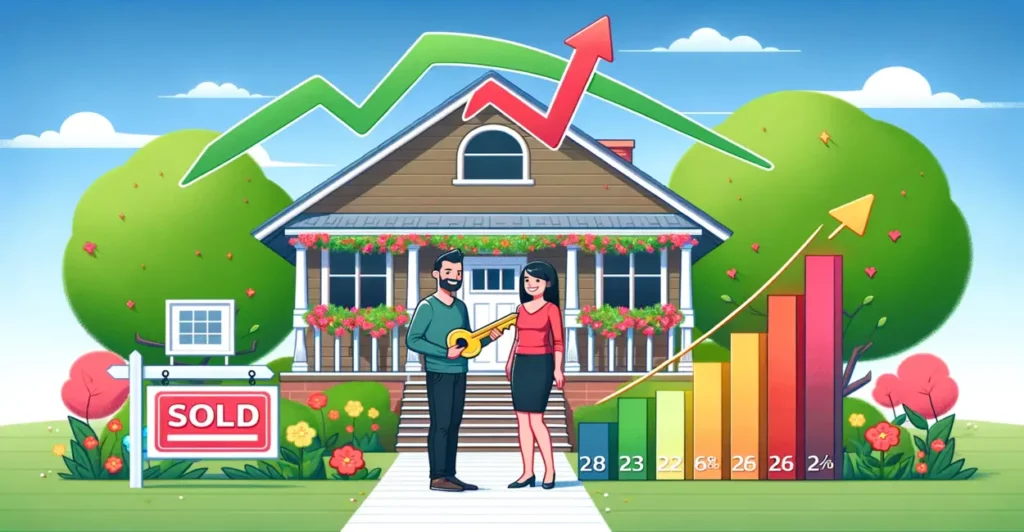 In this illustration, a delighted couple poses before their newly acquired home, featuring a charming facade and a lush garden. A clear 'Sold' sign adorns the front lawn. To their side, an illustrative chart of ascending arrows shifts from red to green, representing the enhancement of their credit scores. The overall atmosphere of the image is one of joy and success, underscored by the sunny, blue-skied day in the background