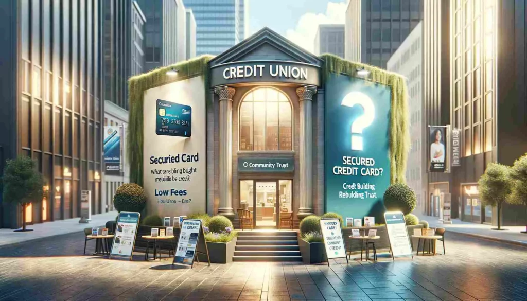 This photorealistic image effectively captures the decision-making process between choosing a credit union or a bank for a secured credit card, essential for those looking to build or rebuild their credit. The scene is bifurcated into two contrasting sections. On the left, there's a congenial credit union setting, accentuated with banners and brochures that spotlight the advantages of their secured card options, focusing on minimal fees and a sense of community reliance. Conversely, the right side presents a more formal and corporate bank ambiance, where secured card options are showcased, highlighting aspects such as credit-building features and rewards. Central to the image is a prominent question mark, symbolizing the consumer's quandary in selecting the most suitable option. The backdrop of a contemporary financial district eloquently underscores the theme of navigating financial options for credit enhancement."