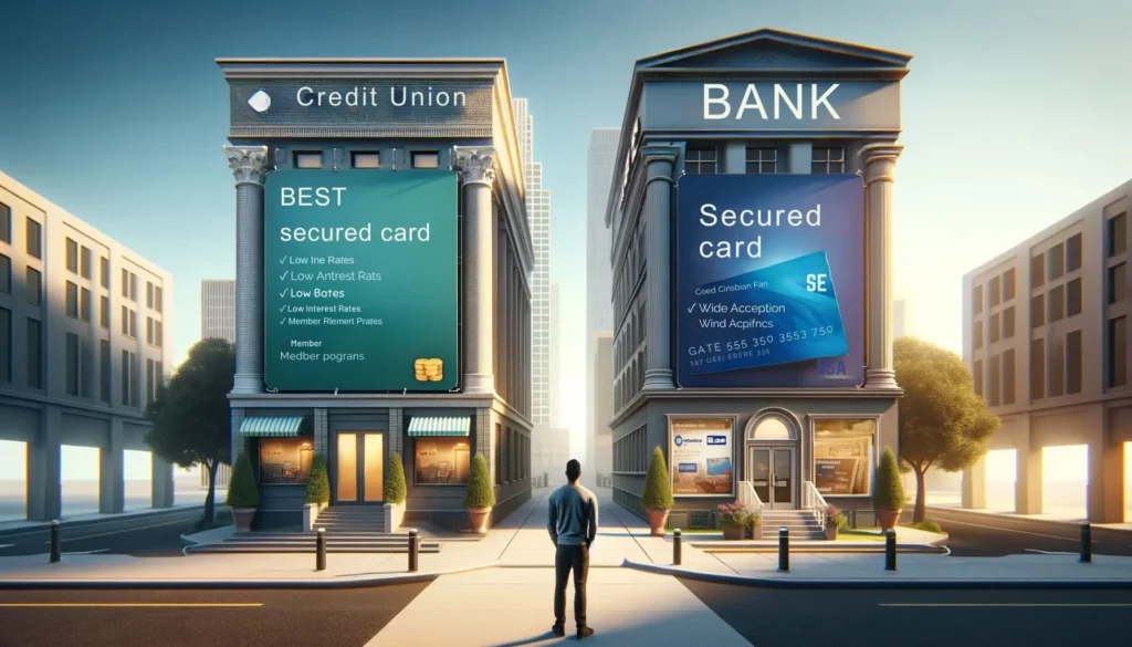 A realistic representation comparing credit unions and banks for their best secured card options. On the left, a friendly credit union building displays banners with appealing secured card offers, focusing on low interest rates and member advantages. On the right, a larger bank building showcases banners for secured cards, highlighting broad acceptance and reward schemes. A contemplative individual stands in the middle, symbolizing the decision-making process. The scene is set against an urban backdrop under a clear sky, illustrating the consumer's choice between community-oriented credit unions and larger, corporate banks.