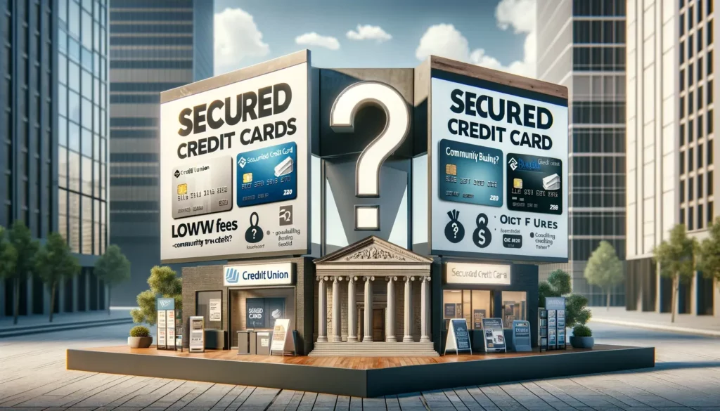This photorealistic depiction effectively conveys the critical choice between credit unions and banks for obtaining a secured credit card, a key step for those looking to establish or rebuild their credit. The image is neatly split into two segments. On the left side, the setting of a credit union is portrayed, characterized by its welcoming and accessible atmosphere, with banners and leaflets prominently displaying the benefits of their secured card offerings, emphasizing low fees and a sense of community trust. On the right, the scene shifts to a more structured and corporate bank environment, where the focus is on their secured card options, highlighting features geared towards credit building and rewards. At the heart of the image is a large, distinct question mark, epitomizing the consumer's deliberation in making an educated choice. The setting is completed with a backdrop of a modern financial district, subtly underlining the narrative of making savvy financial decisions for credit improvement."
