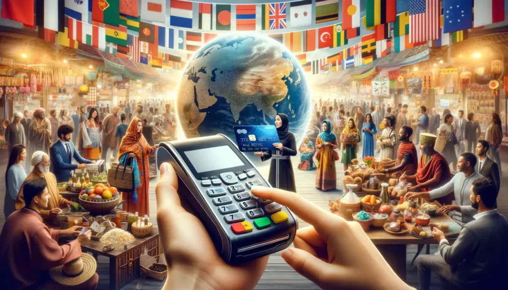 The image showcases a vibrant, global marketplace bustling with people from diverse cultural backgrounds. In the foreground, a person hands a credit card to a merchant using a modern digital payment terminal. Surrounding them are various cultural symbols, including traditional clothing, flags, and regional artifacts, representing the worldwide diversity. The background depicts a lively multicultural market with people engaged in different transactions, illustrating the varied perceptions and uses of credit cards across cultures."