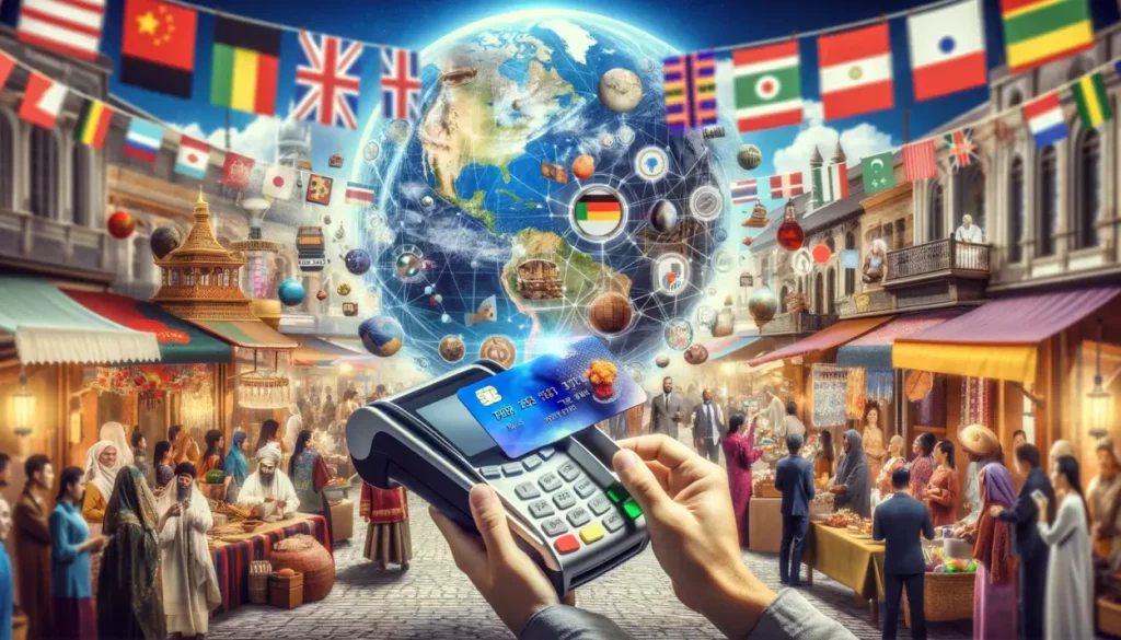 The image showcases a vibrant, global marketplace bustling with people from diverse cultural backgrounds. In the foreground, a person hands a credit card to a merchant using a modern digital payment terminal. Surrounding them are various cultural symbols, including traditional clothing, flags, and regional artifacts, representing the worldwide diversity. The background depicts a lively multicultural market with people engaged in different transactions, illustrating the varied perceptions and uses of credit cards across cultures."