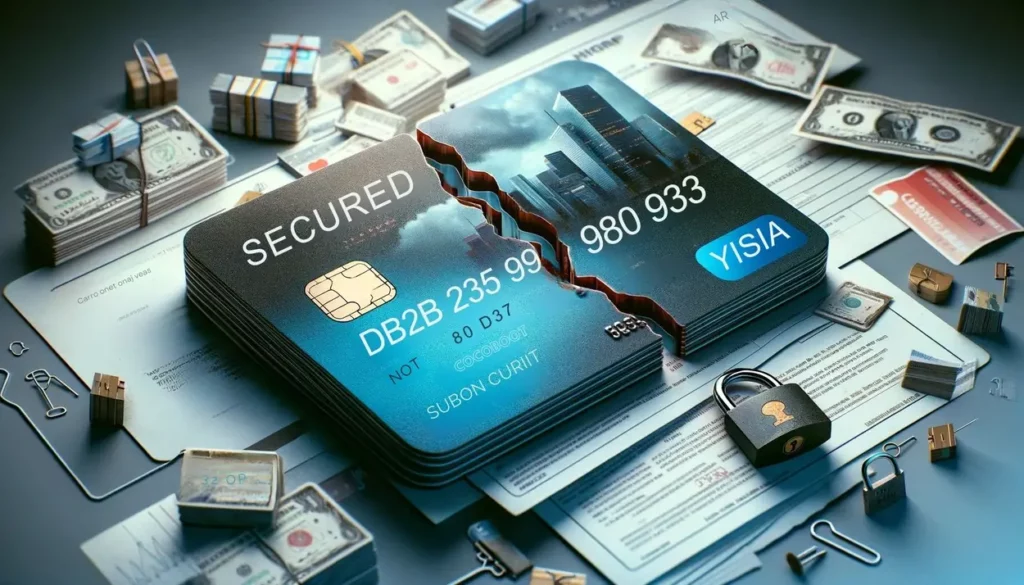 A photorealistic depiction of defaulting on a secured credit card. At the center is a highly detailed, diagonally cut secured credit card, with no identifiable information, symbolizing default. Surrounding the card are contrasting images: on one side, stacks of unpaid bills and overdue notices, and on the other, a small padlock with a broken chain. The backdrop features a blurred financial district with tall buildings, capturing the essence of the financial world. The image has a somber mood with a color palette dominated by muted blues, grays, and hints of red.
