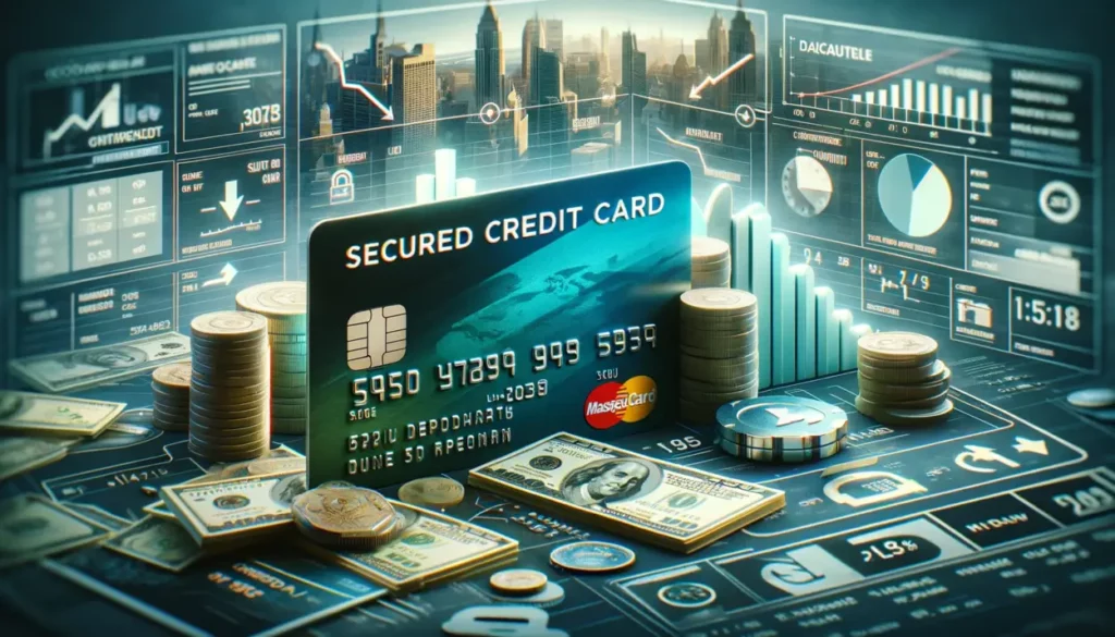 A photorealistic image showcasing the concept of a secured credit card and the implications of defaulting on it. The image centers on a detailed secured credit card in the foreground, with features like a chip, a magnetic strip, and embossed numbers, minus any specific bank or personal data. Surrounding the card is a narrative: a pile of cash symbolizing the security deposit with some scattered bills, and on the other side, indicators of default like a downward trending graph, a closed padlock, and overdue payment notices. The blurred background features a financial district with skyscrapers, subtly highlighting the main theme. The color palette is a mix of greens, blues, and reds, reflecting both the benefits and risks of secured credit cards.