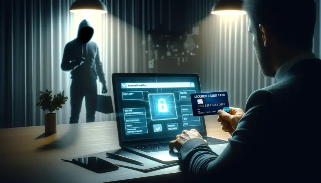 A photorealistic image depicting a person in a home office environment, using a secured credit card for online shopping on a laptop. The laptop screen shows security features such as HTTPS and a lock icon, indicating a secure site. In the background, a shadowy figure symbolizing a hacker is partially visible, representing the risks associated with digital payments. The scene captures the dual aspects of convenience and risk in the digital financial world.