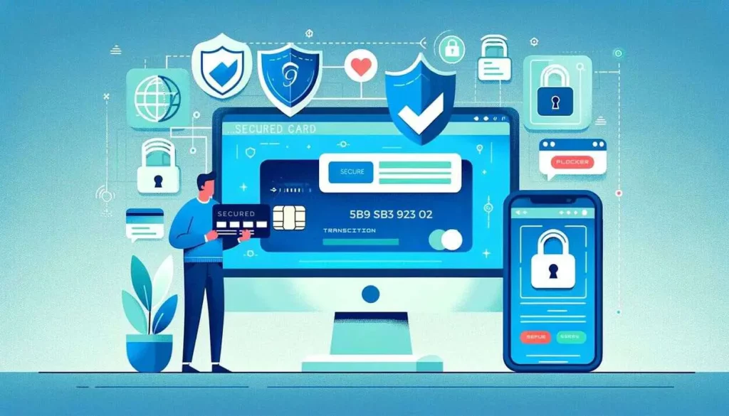 An illustration depicting a user practicing digital safety with a secured card. The user is standing in front of a computer screen showing a secure website with a lock icon, holding a secured card. A mobile phone displays a transaction confirmation notification. Symbols of security like a shield and padlock are in the background, and a hacker figure is being blocked by a firewall. The color scheme includes calming blues and greens, emphasizing a secure and professional atmosphere."