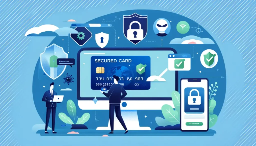 An illustration depicting a user practicing digital safety with a secured card. The user is standing in front of a computer screen showing a secure website with a lock icon, holding a secured card. A mobile phone displays a transaction confirmation notification. Symbols of security like a shield and padlock are in the background, and a hacker figure is being blocked by a firewall. The color scheme includes calming blues and greens, emphasizing a secure and professional atmosphere."