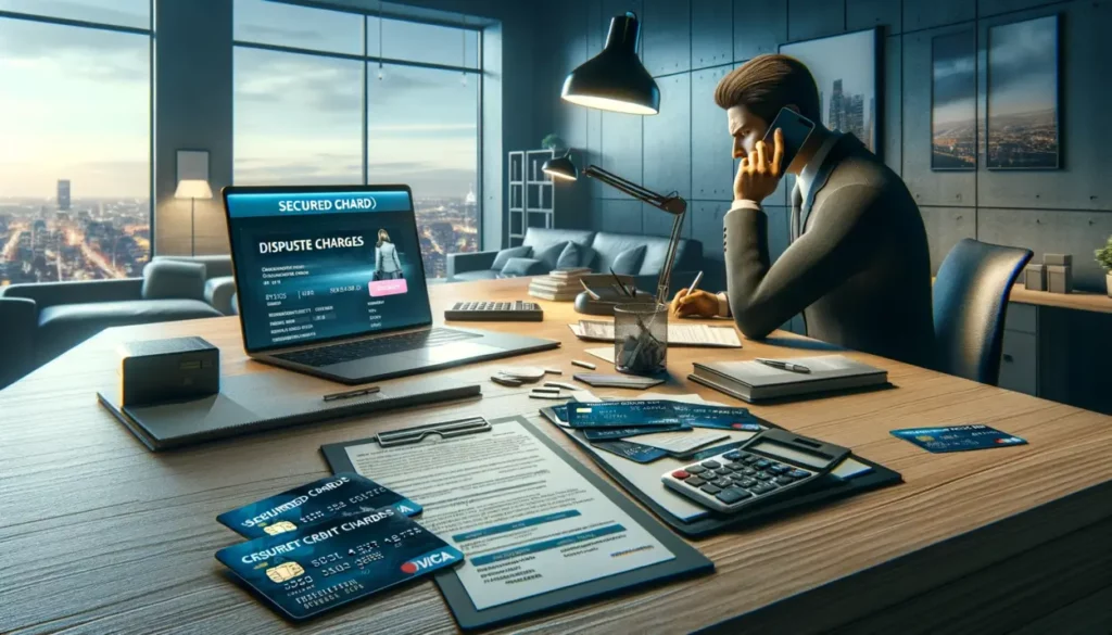 A person in a modern office is visibly stressed while disputing charges on secured credit cards. They sit at a desk with a laptop open to a credit card company's dispute page, surrounded by several secured cards. Holding a phone to their ear, they appear to be in conversation with customer service. The office has a large window offering a view of the city skyline, enhancing the professional setting.