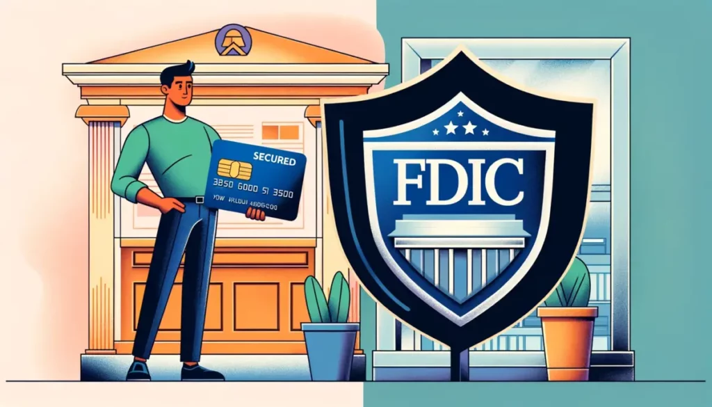 Similar to the first, this illustration educates about FDIC insurance for secured credit cards. The left side shows an individual with a secured credit card linked to a safety deposit box, while the right side features the FDIC logo with a protective shield. The bank interior background is designed in a vibrant and informative style.