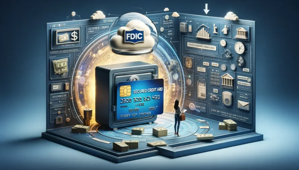 The illustration, designed for educational purposes, is segmented into three sections. The left shows a person with a secured credit card, visually interpreted as a card protruding from a robust safe. The middle part offers an engaging, informative diagram detailing how FDIC insurance operates, utilizing clear arrows and symbols. On the right, the FDIC logo is prominently encased in a protective bubble, emphasizing reliability. The overall setting is a contemporary financial environment, crafted in an informative and visually appealing style.