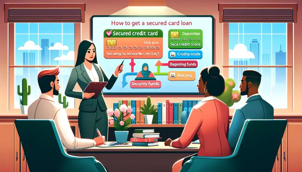 illustration shows a financial advisor (an Asian woman) in her office, guiding a diverse group of clients through the secured credit card loan process. The advisor points to an easy-to-understand flowchart on a screen, illustrating key steps. The office environment is professional and welcoming, with financial resources visible.