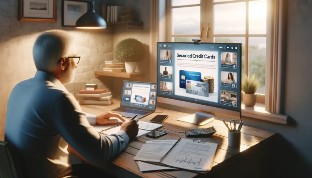 A middle-aged individual is engaged in a video call in a warmly lit home office. The computer screen displays an educational presentation on secured credit cards, featuring graphs and bullet points. On the desk, a notepad with handwritten notes on financial planning and a few secured credit cards are visible, creating an environment conducive to learning about finances.