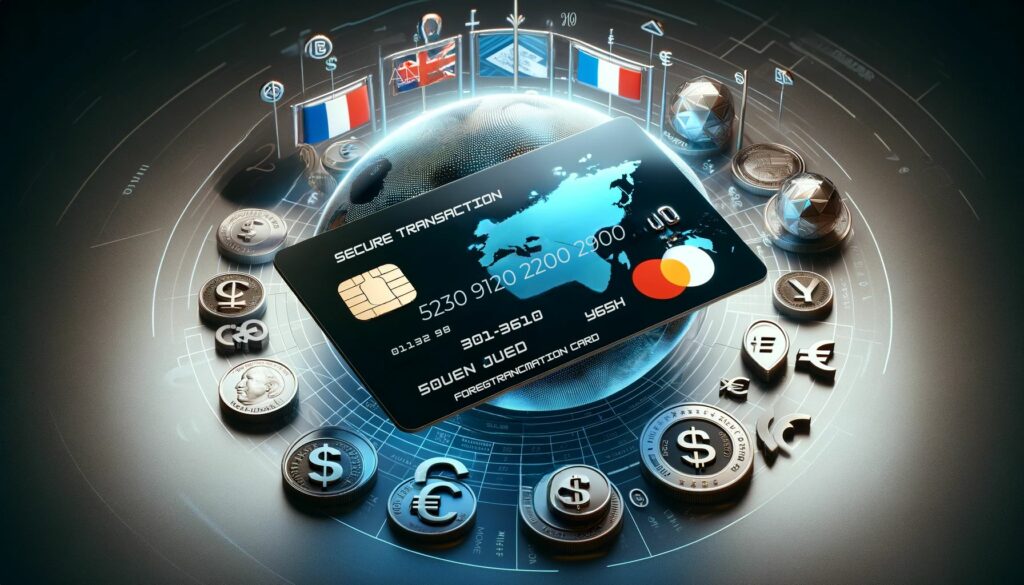 A photorealistic, wide-format image displaying a secured credit card at the center, surrounded by international finance symbols like currency icons and miniature flags, set against a modern gradient background, symbolizing global financial. Foreign Transaction Policies of Secured Cards