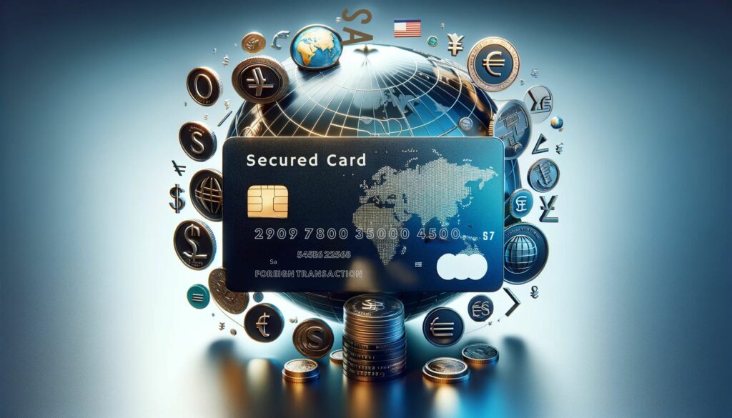 This wide-format image features a central secured credit card with a glossy finish and chip, encircled by various international transaction symbols, including currency symbols and flags, against a sleek, high-tech gradient background, representing the global aspect of secured card transactions.